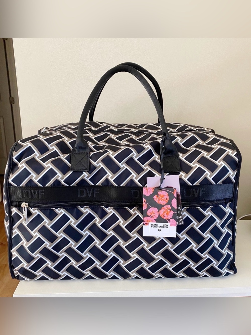 NEW Diane Von Furstenberg Weekender Bag Vintage Weave Neutral Black Duffle Tote